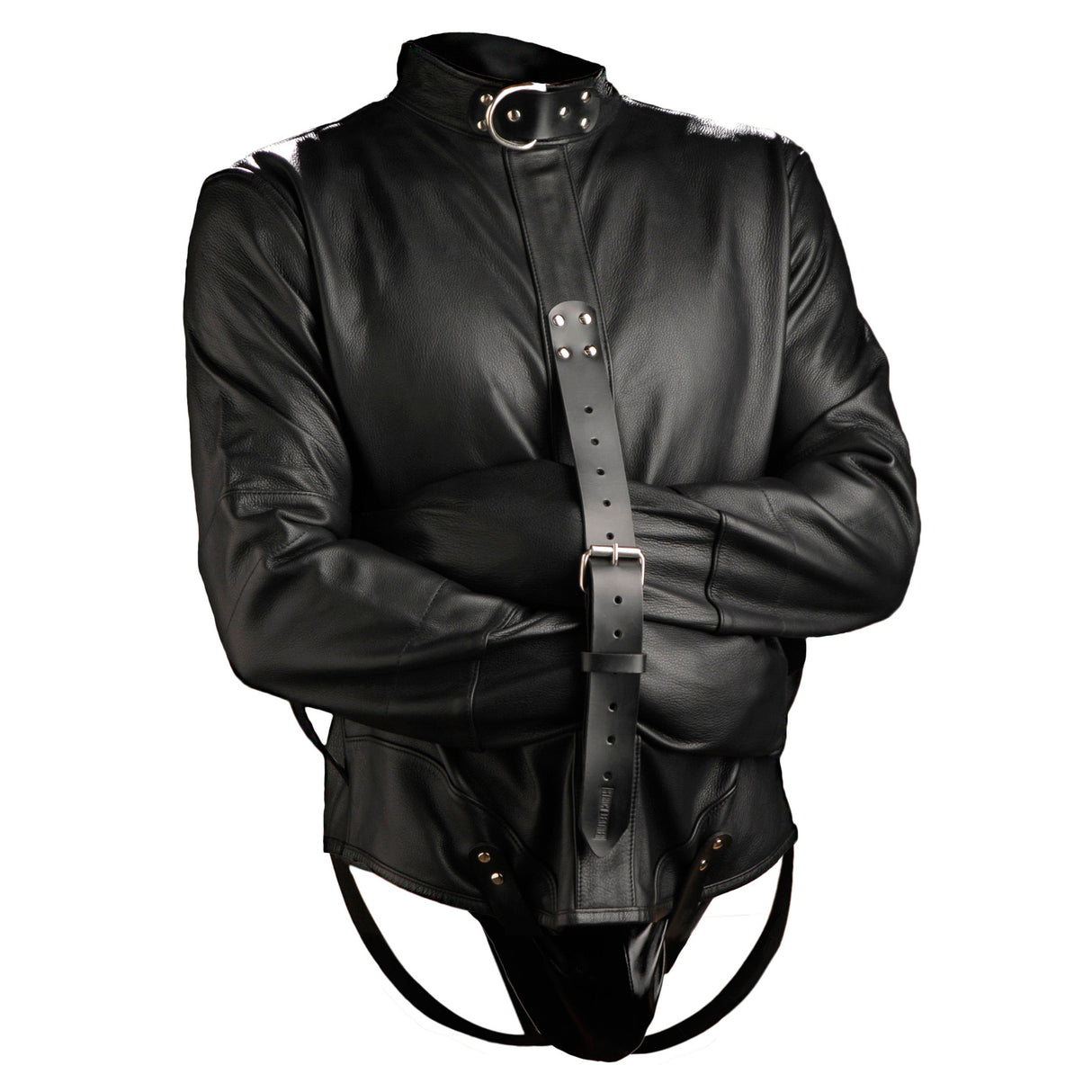 Premium leather straightjacket front product photo on white