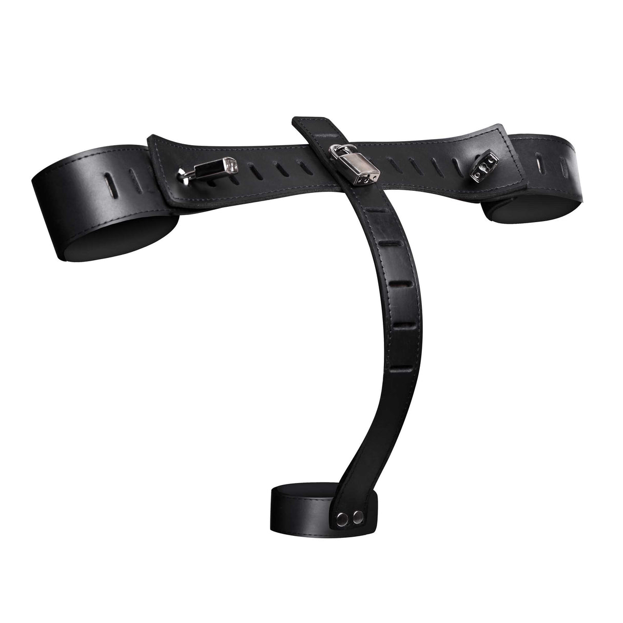 Black leather wrist to cock restraint harness with metal buckles and a curved back strap - BDSM Authority