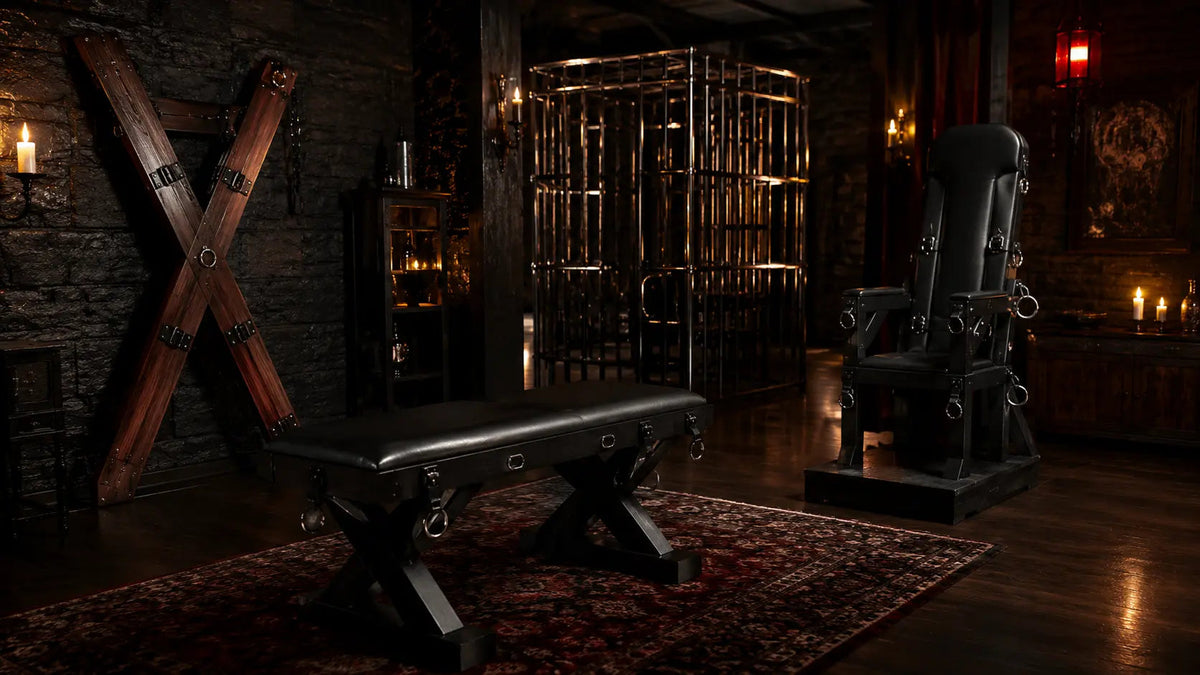 Dark luxury private dungeon room with St Andrew's cross, padded leather spanking bench, steel throne chair, and cage in warm candlelight, BDSMAuthority
