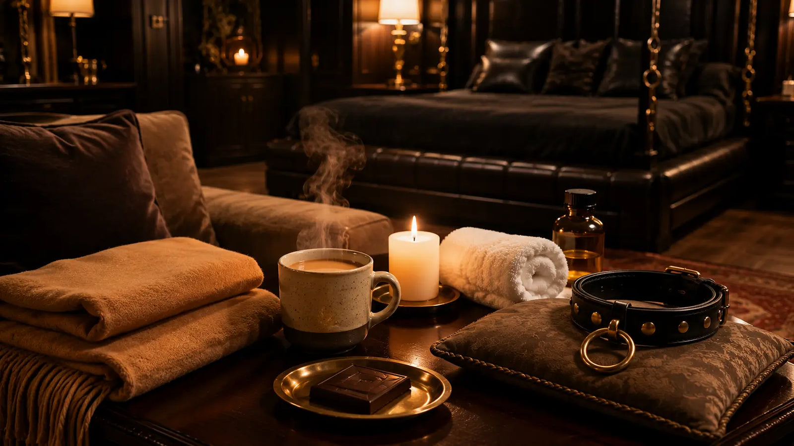 Warm BDSM aftercare recovery scene with cashmere blanket, ceramic tea, candle, and leather collar on a dim bedroom side table, BDSM Authority