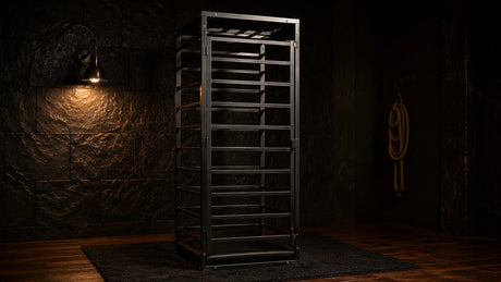 Premium black powder-coated steel BDSM cage in a moody dungeon room with warm brass sconce lighting, BDSMAuthority