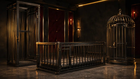 Heavy-duty steel standing, sleeping, and display cages in a dark dungeon room, BDSMAuthority