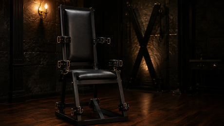 Premium black leather BDSM throne chair with brass D-rings against dark stone wall in moody private studio, BDSM Authority
