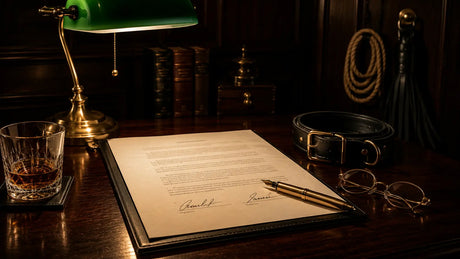 Signed BDSM contract on dark mahogany desk with brass pen and reading glasses in a moody warm-lit study, BDSM Authority