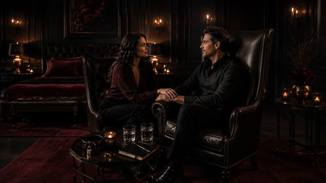 Couple seated in luxury leather armchairs beside a table with a collar and key, in an elegant candlelit bedroom lounge, BDSM Authority