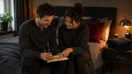 Beginner couple planning their first BDSM scene together in a warm private room BDSMAuthority