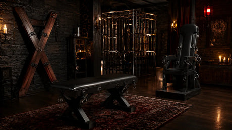 Dark luxury private dungeon room with St Andrew's cross, padded leather spanking bench, steel throne chair, and cage in warm candlelight, BDSMAuthority