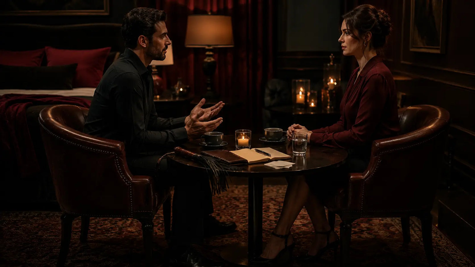 Two adults in a warm candlelit room having a thoughtful conversation at a table with coffee, notebook, fountain pen, water, and cozy bedroom decor, BDSM Authority