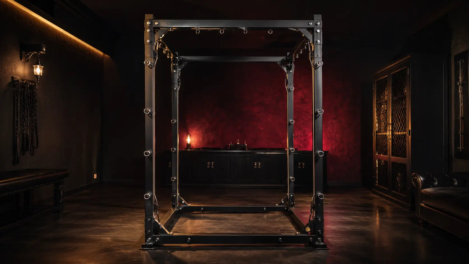Steel bondage frame as a centerpiece in a dark editorial setting BDSMAuthority