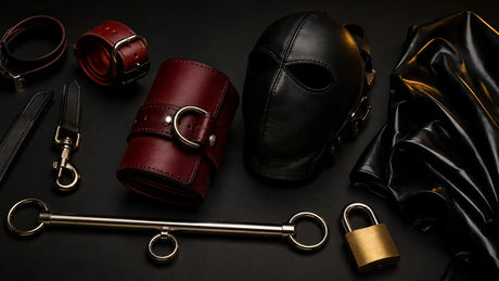 Premium leather and latex bondage gear flat lay BDSMAuthority