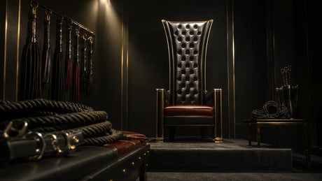 Editorial dark studio scene introducing the dominatrix role with leather throne and gold accent lighting BDSMAuthority