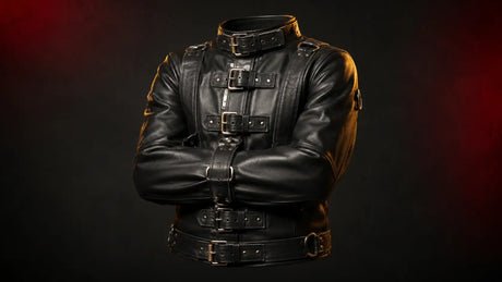 Premium leather straightjacket restraint on a dark editorial backdrop, BDSMAuthority