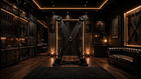 Ultra-luxury BDSM cross showroom interior with premium black steel St. Andrew’s Cross, leather restraint details, cinematic lighting, dark walnut flooring, and upscale penthouse dungeon design.