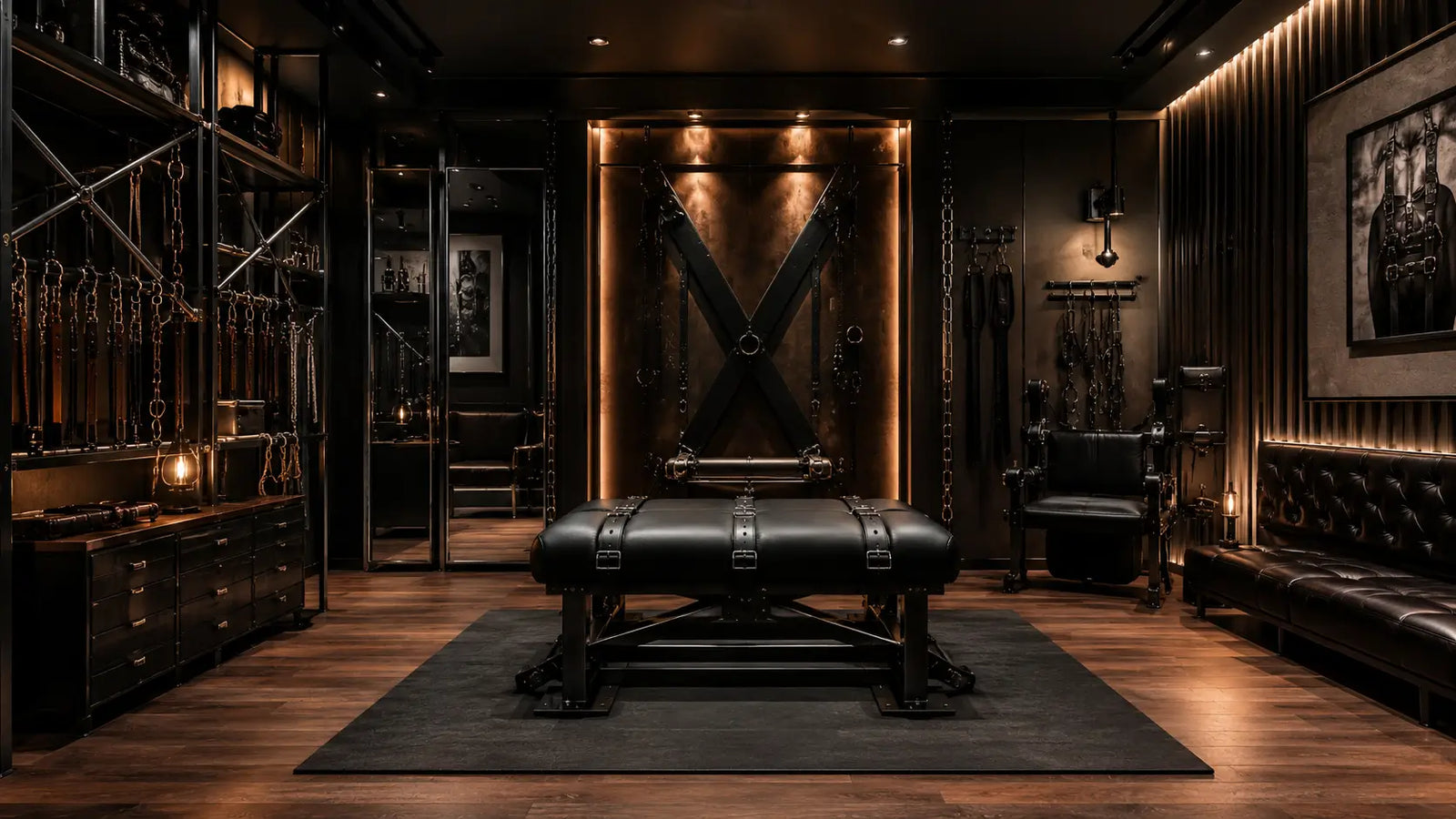 Ultra-luxury BDSM penthouse interior featuring premium black steel restraint furniture, leather detailing, matte black finishes, warm ambient lighting, and sophisticated modern dungeon-inspired design.