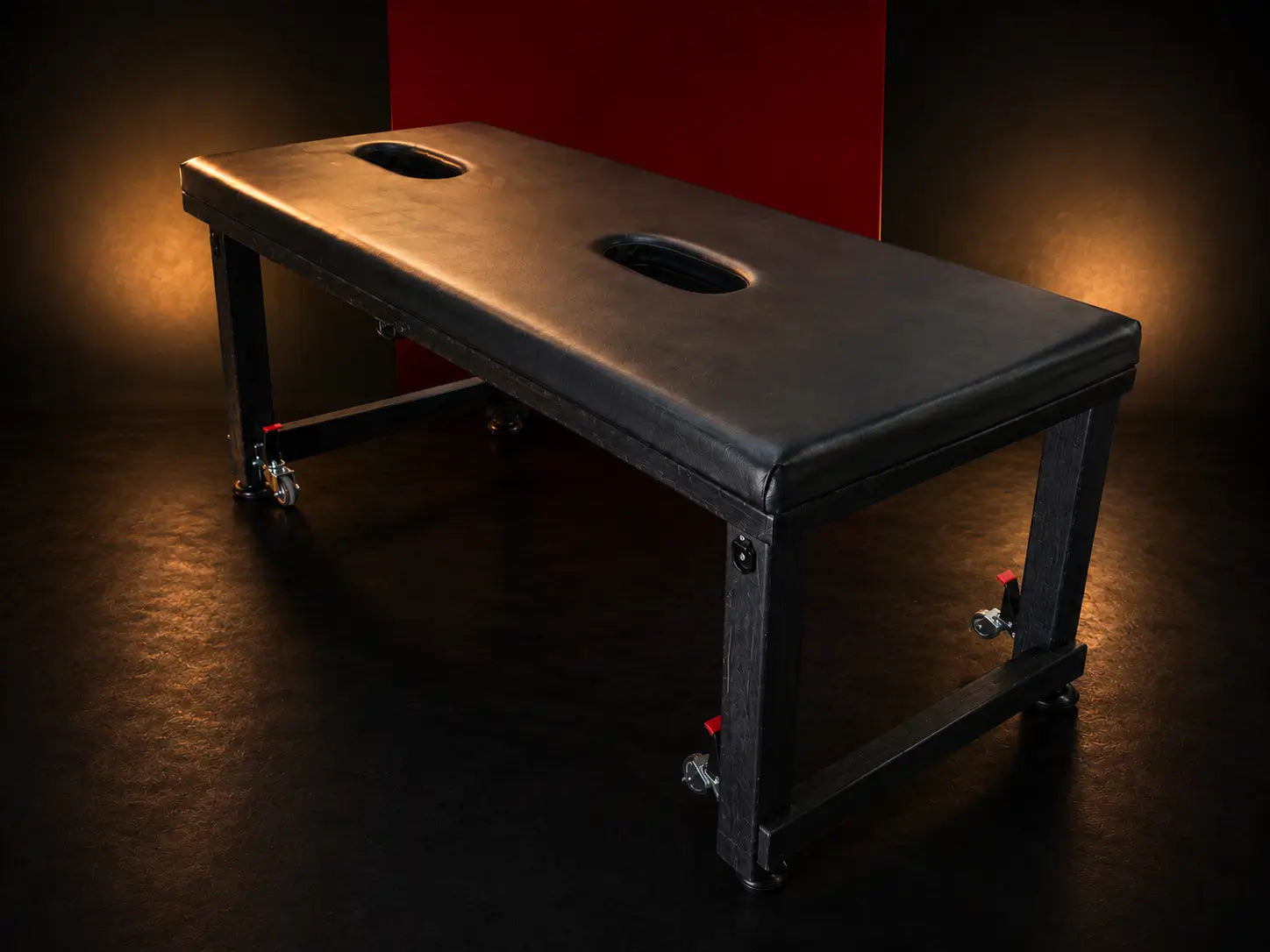 Premium black vinyl milking table with oval opening in a dark studio setting BDSMAuthority