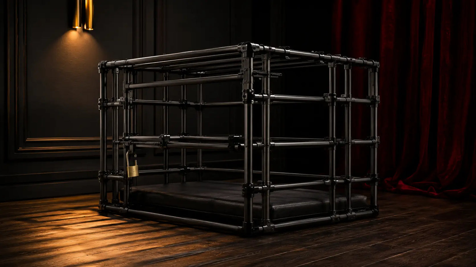Steel pet play cage guide cover, dark playroom, BDSMAuthority