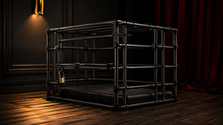 Steel pet play cage guide cover, dark playroom, BDSMAuthority