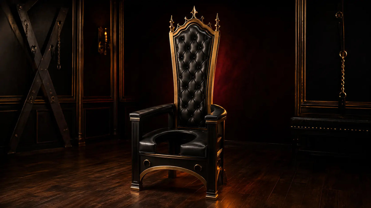 Ornate queening chair throne with open seat in a dark editorial setting BDSMAuthority