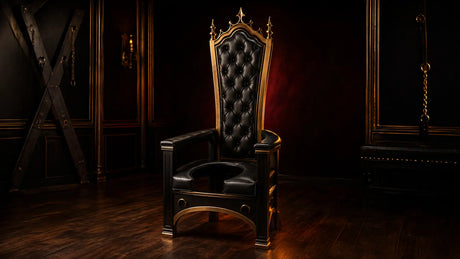 Ornate queening chair throne with open seat in a dark editorial setting BDSMAuthority