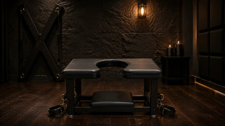 Luxury BDSM queening chair setup in a dark private dungeon room featuring black padded upholstery, restraint cuffs, hardwood flooring, ambient candle lighting, and premium matte black restraint furniture. BDSM Authority