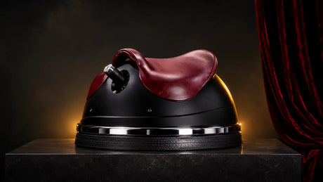 Premium ride-on saddle sex machine in a dark editorial studio, BDSMAuthority