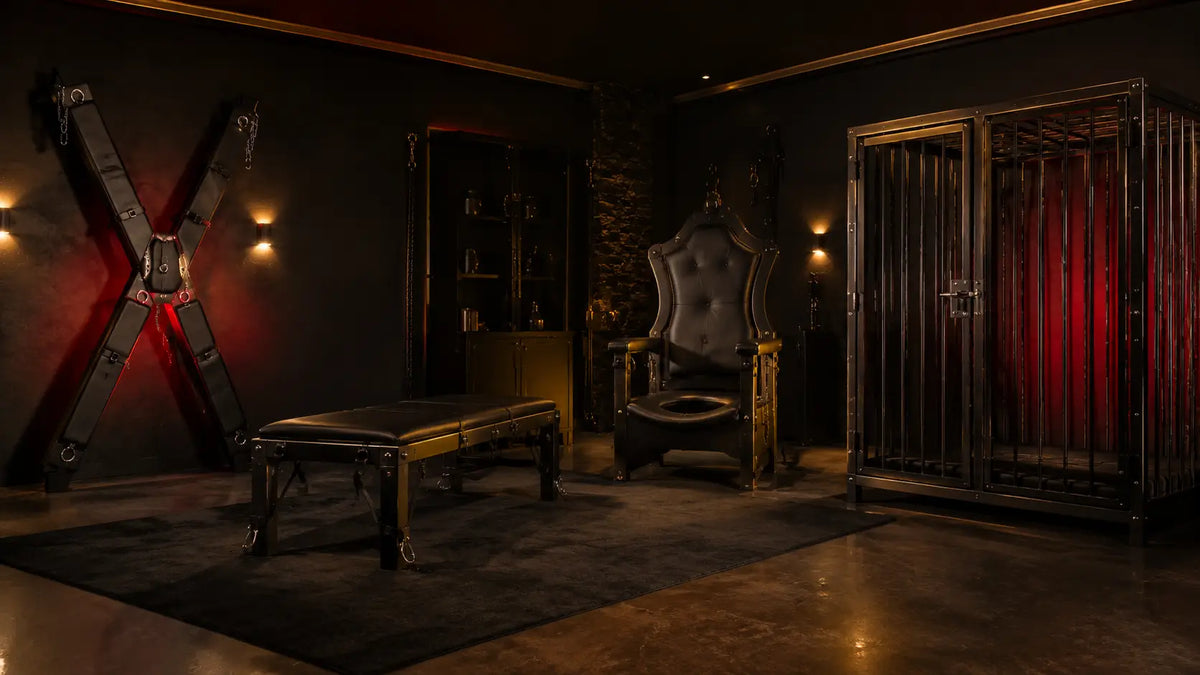Fully furnished home dungeon room in a dark editorial setting BDSMAuthority