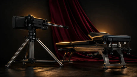 Premium sex machine and machine-integrated bench in an editorial studio setting BDSMAuthority
