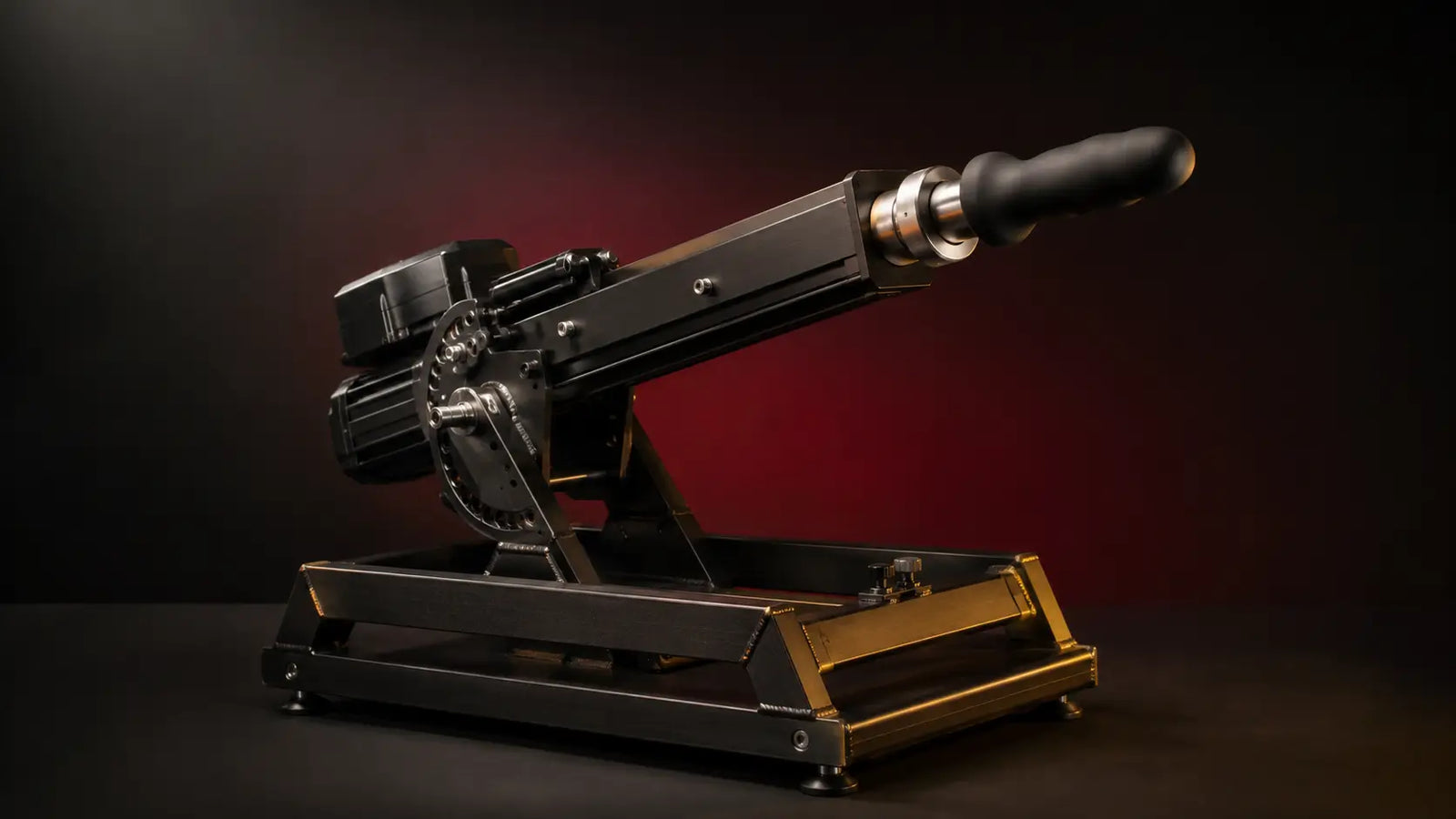 Premium powered sex machine on a steel frame in a dark editorial studio, BDSMAuthority
