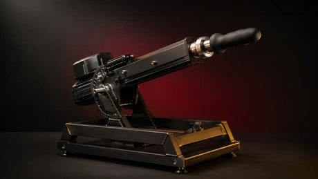Premium powered sex machine on a steel frame in a dark editorial studio, BDSMAuthority