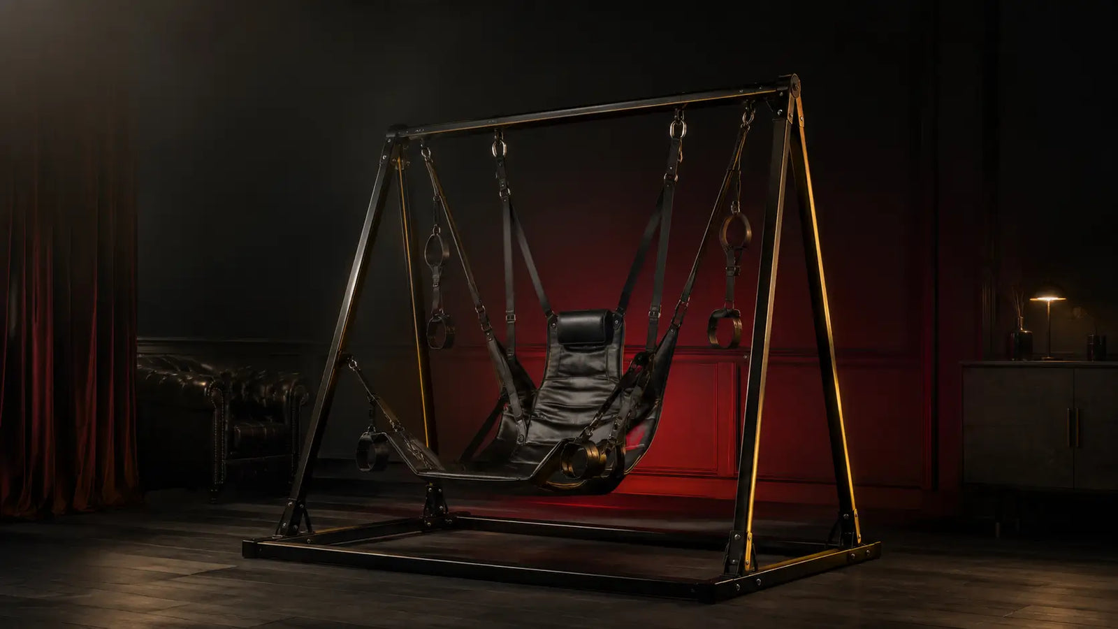 Leather sex sling and steel swing stand in a dark editorial setting BDSMAuthority