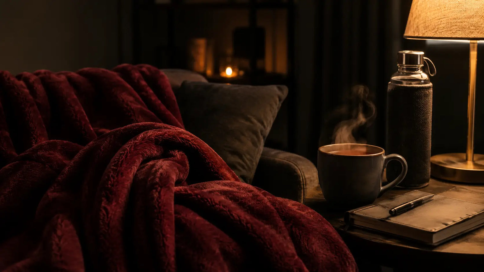 Cozy recovery scene with blanket, tea and warm light after an intense scene BDSMAuthority