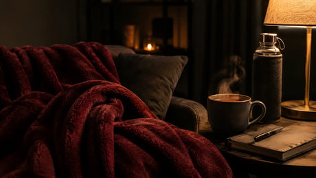 Cozy recovery scene with blanket, tea and warm light after an intense scene BDSMAuthority