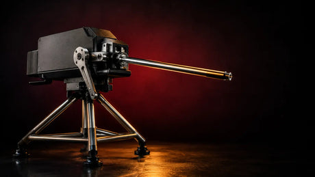Premium thrusting sex machine on a steel tripod base in a dark studio setting BDSMAuthority