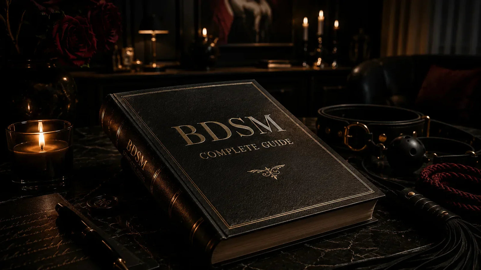 BDSM furniture room with dark luxury interior — X-frame cross, padded bench, steel cage, and throne chair, BDSMAuthority