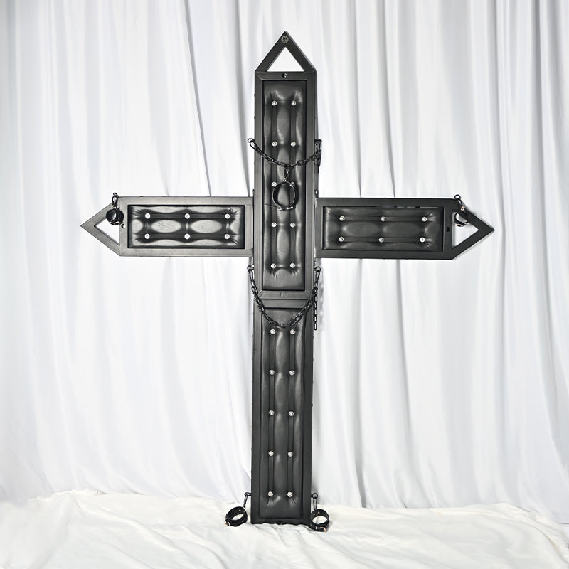 Wall-mounted St. Andrew's cross side profile and anchor points - BDSM Authority
