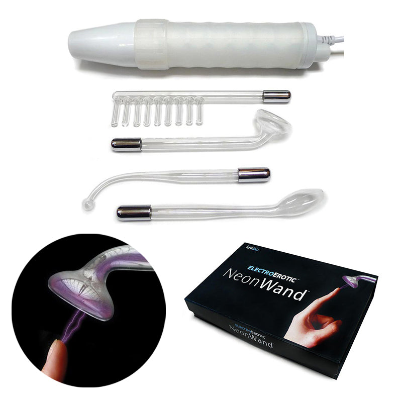 KinkLab Neon Wand electrosex kit with white handle and purple electrodes - BDSM Authority