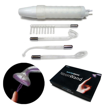KinkLab Neon Wand electrosex kit with white handle and purple electrodes - BDSM Authority