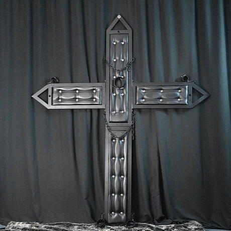 Wall-mounted St. Andrew's cross steel cruciform restraint frame, full view - BDSM Authority