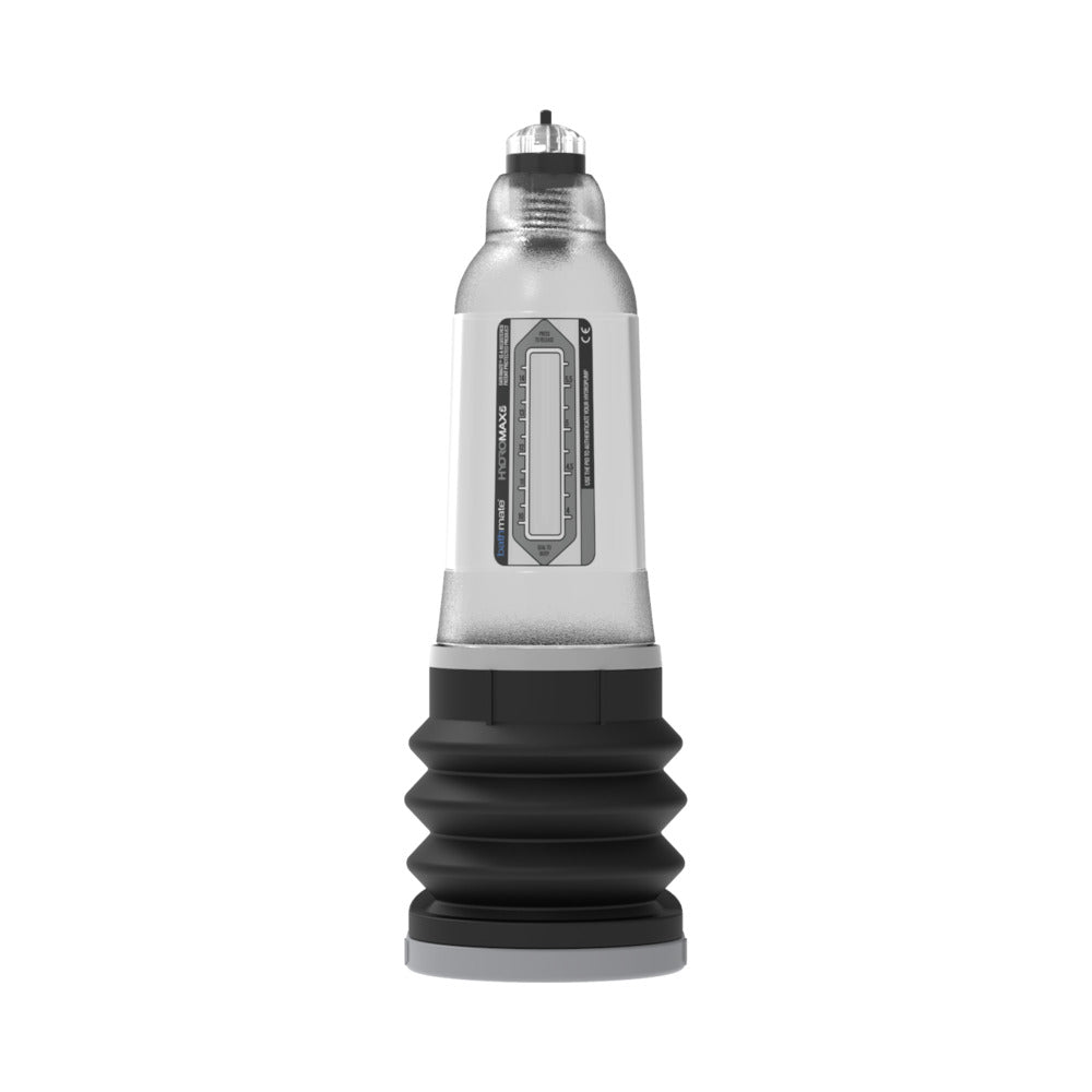 Bathmate Hydromax5 clear pump filled with water and sealed to the body - BDSM Authority