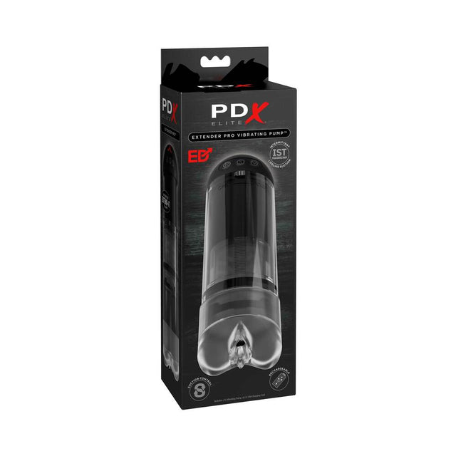 PDX Elite Extender Pro rechargeable vibrating penis pump in clear and black - BDSM Authority