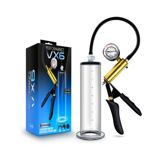 Performance VX6 vacuum penis pump with brass pistol and pressure gauge clear - BDSM Authority