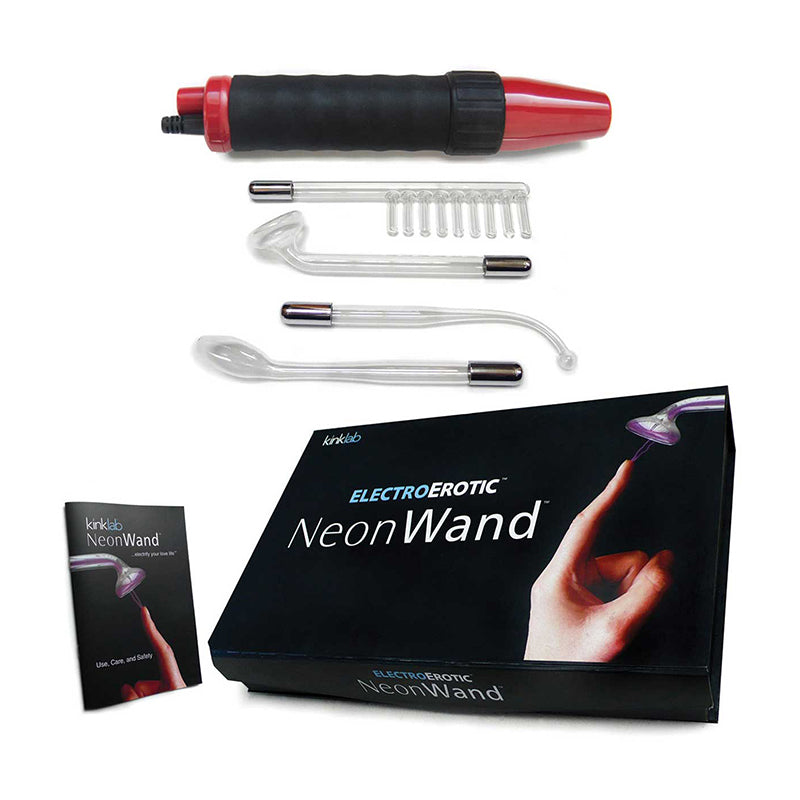 KinkLab Neon Wand electrosex kit with red handle and red electrodes - BDSM Authority