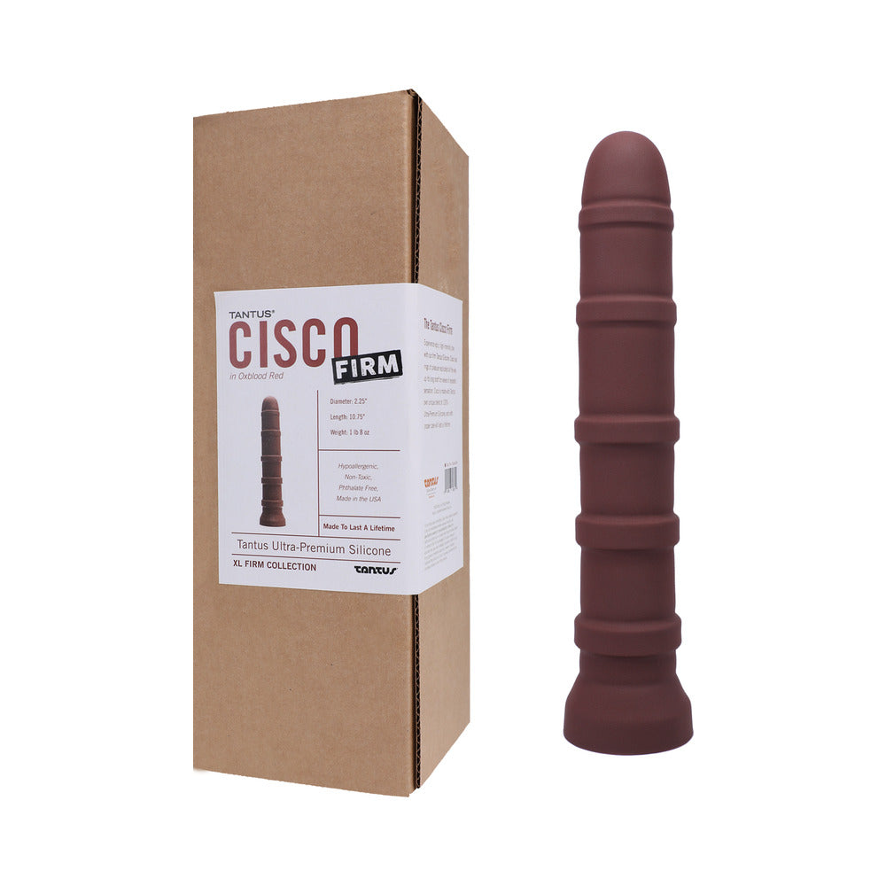 Tantus Cisco firm silicone dildo in garnet showing the full 10.75 inch ringed shaft and suction cup base - BDSM Authority