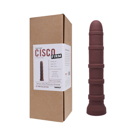 Tantus Cisco firm silicone dildo in garnet showing the full 10.75 inch ringed shaft and suction cup base - BDSM Authority