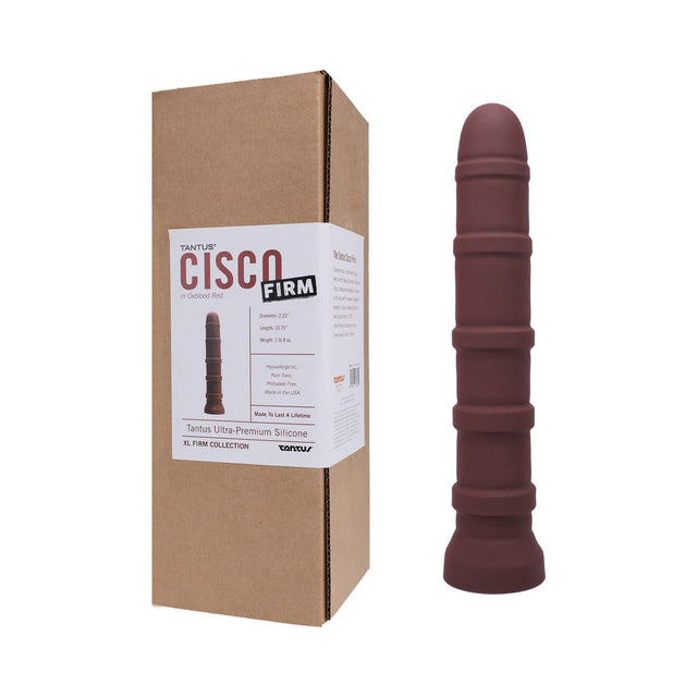 Tantus Cisco firm silicone dildo in garnet showing the full 10.75 inch ringed shaft and suction cup base - BDSM Authority