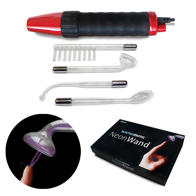 KinkLab Neon Wand electrosex kit with red handle and purple glass electrodes - BDSM Authority