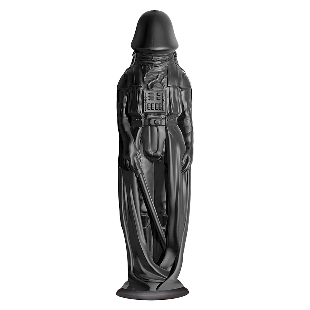 Side profile of the 14 inch jet black Darth Invader XXL PVC dildo showing its sculpted fantasy shaft - BDSM Authority