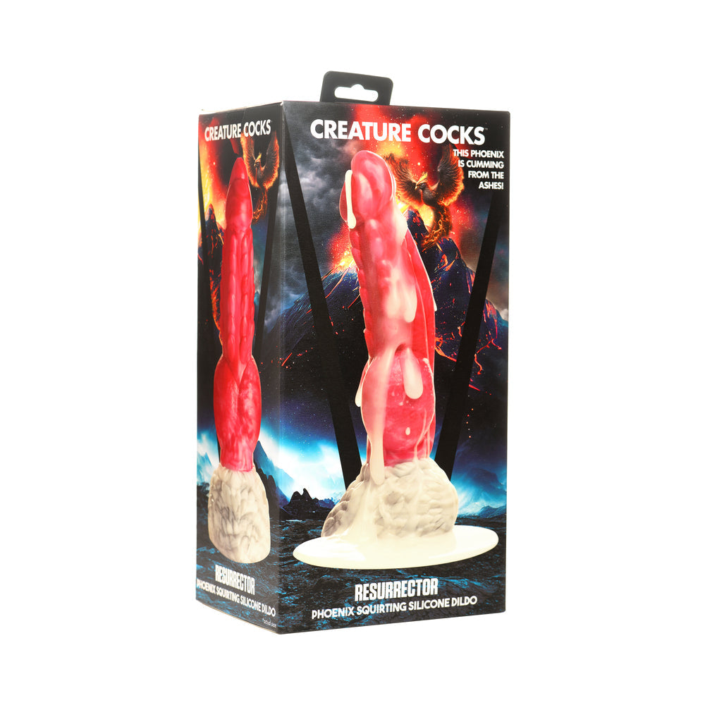 Creature Cocks Resurrector Phoenix squirting silicone dildo with red textured shaft and white suction cup base - BDSM Authority