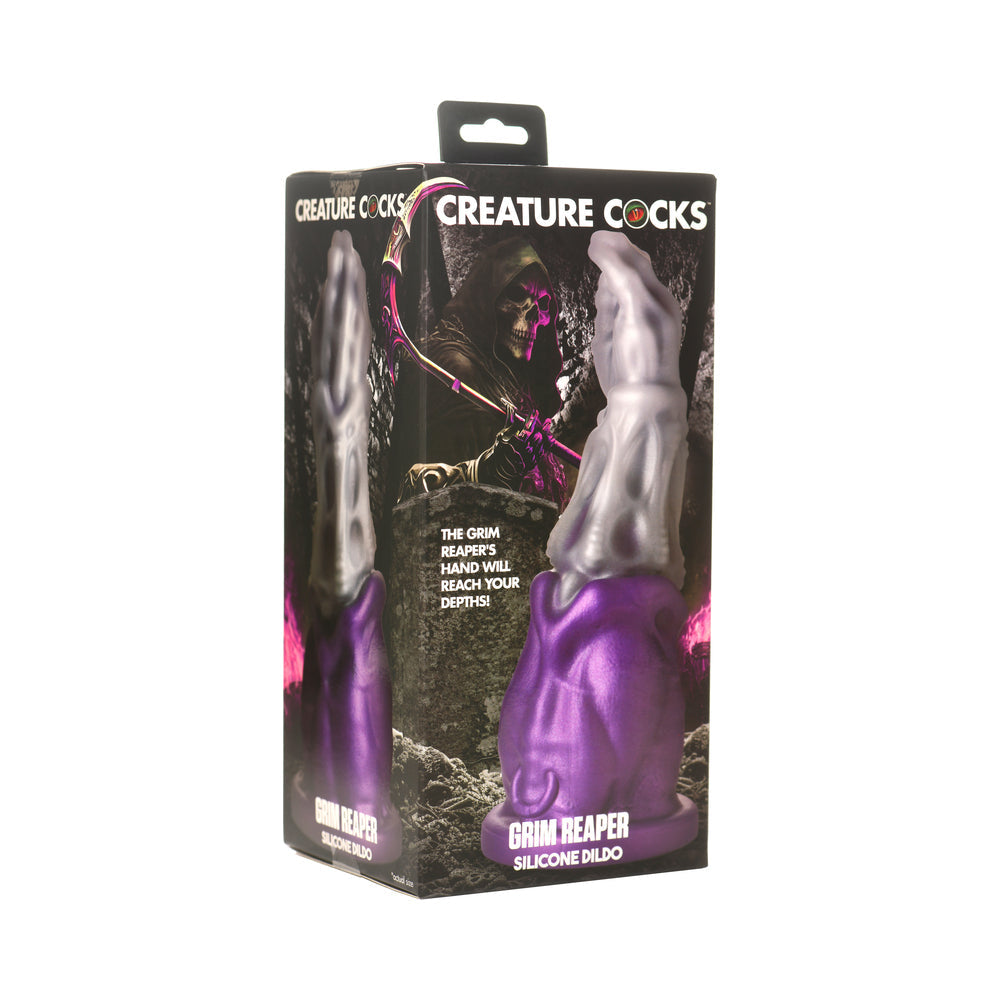 Creature Cocks Grim Reaper purple cloaked silicone dildo with bony fisting hand, ridged shaft and suction cup base - BDSM Authority