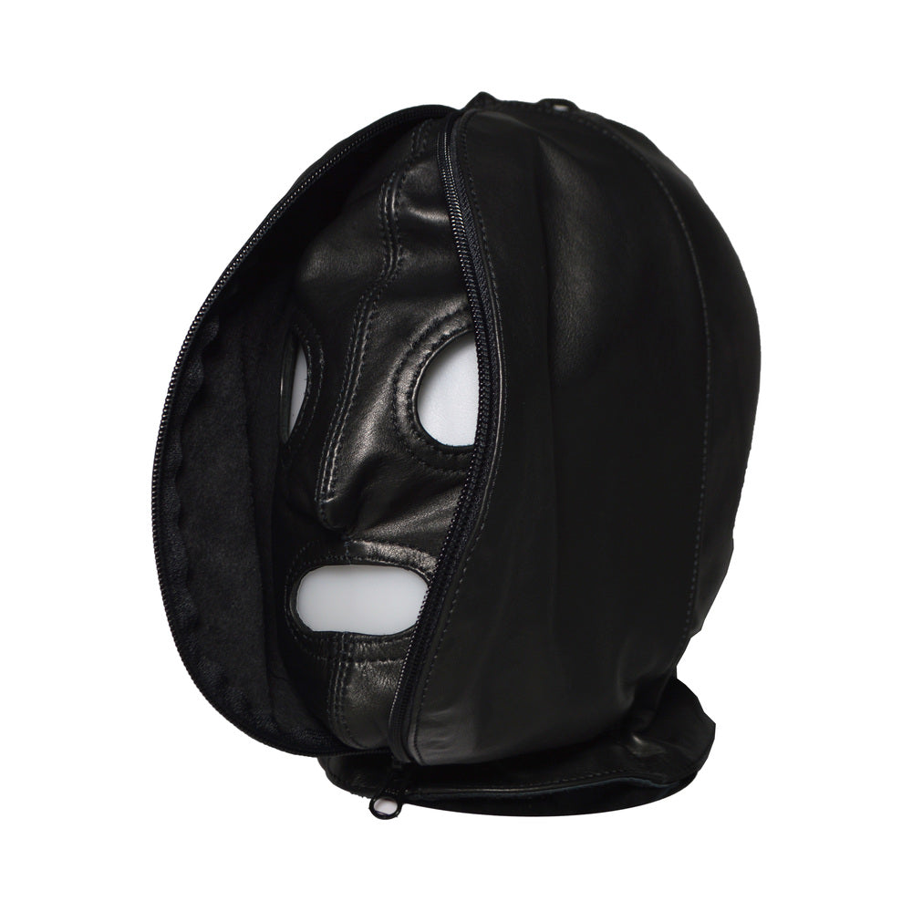 Prowler RED leather hood unzipped showing inner mask with eye openings - BDSM Authority